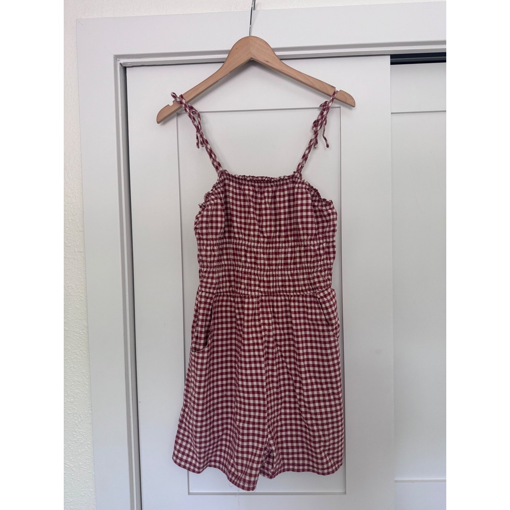 Sincerely Jules Gingham Smocked Romper Red White Tie Strap Pockets Size Large